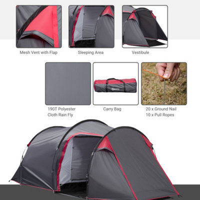 Outsunny 3 Man Camping Tent w 2 Rooms Porch Vents Rainfly Weather Resistant
