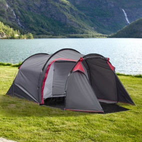Outsunny 3 Man Camping Tent with 2 Rooms Porch Vents Rainfly Weather-Resistant, Grey