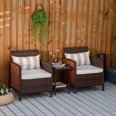 Outsunny 3 PC Outdoor Rattan Sofa Set w Chairs Coffee Table Cushion Brown DIY at B Q