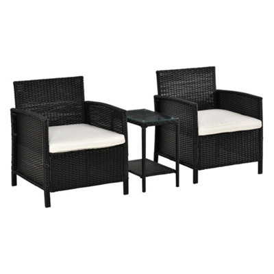 Outsunny 3 PC Rattan Outdoor Cushioned Single Sofa Coffee Table, Black