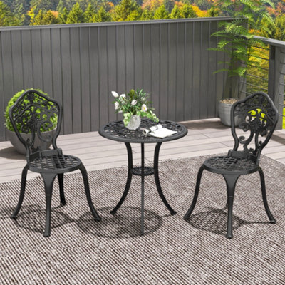 Outsunny 3 PCs Cast Aluminium Bistro Set w/ Parasol Hole for Balcony, Black