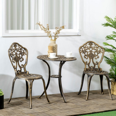 Outsunny 3 PCs Cast Aluminium Bistro Set w/ Parasol Hole for Balcony, Brown