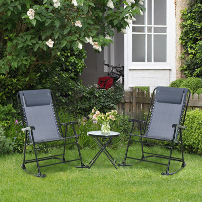 Outsunny 3 Pcs Outdoor Conversation Set with Rocking Chairs and Side Table Grey