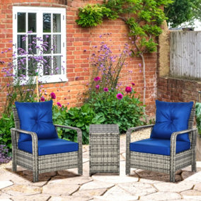 Outsunny 3 PCs PE Rattan Garden Sofa Set w/ 2 Chairs & Storage Table Blue