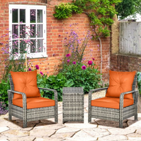 Outsunny 3 PCs PE Rattan Garden Sofa Set w/ 2 Chairs & Storage Table Orange