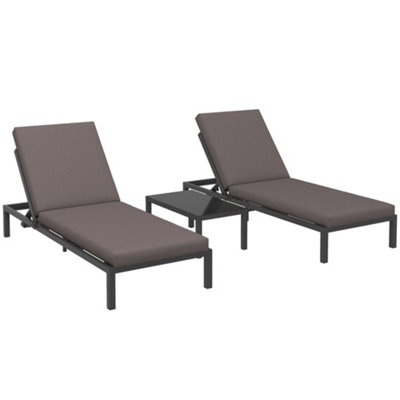 Outsunny 3-PCS PE Rattan Lounge Set, Aluminium Recliner Sofa Bed Set, Grey
