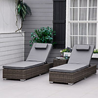 Outsunny 3-PCS PE Rattan Wicker Sun Lounger Set Half-Round Recliner Bed
