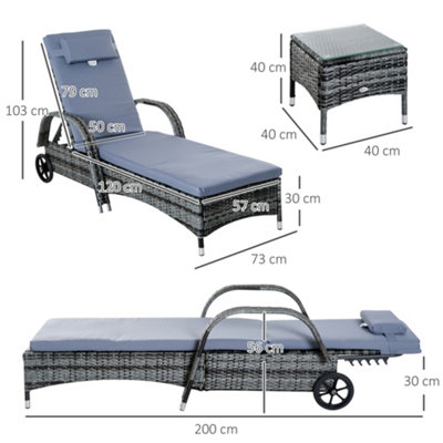 Outsunny 3 PCS Rattan Lounger Recliner Bed Garden Furniture Set w/ Side Table - 3