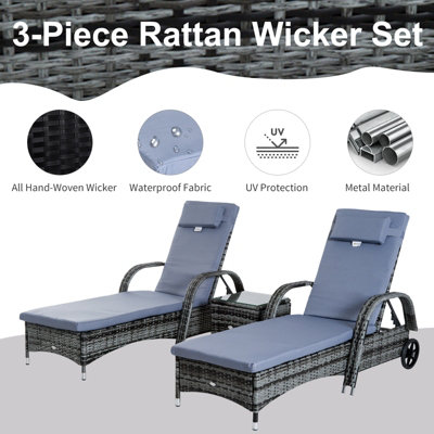 Outsunny 3 PCS Rattan Lounger Recliner Bed Garden Furniture Set w/ Side Table - 4