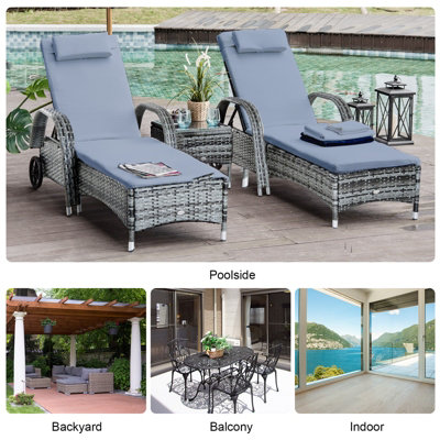 Outsunny 3 PCS Rattan Lounger Recliner Bed Garden Furniture Set w/ Side Table - 7