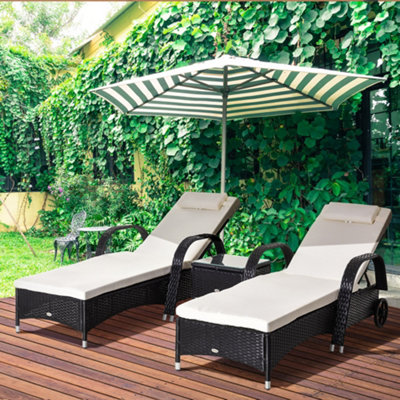 Outsunny 3 PCS Rattan Lounger Recliner Bed Garden Furniture Set with