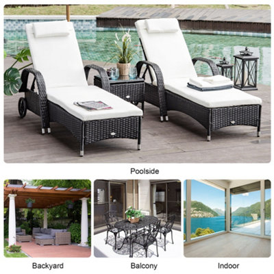 Outsunny 3 PCS Rattan Lounger Recliner Bed Garden Furniture Set with Side Table Black
