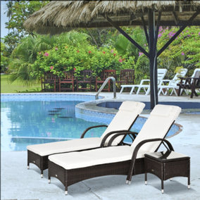 Outsunny 3 PCS Rattan Lounger Recliner Bed Garden Furniture Set with Side Table Brown