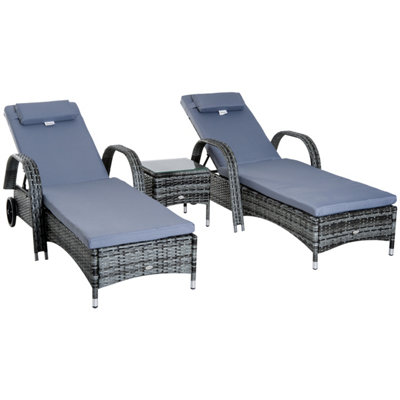 Outsunny 3 PCS Rattan Lounger Recliner Bed Garden Furniture Set with Side Table