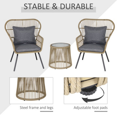 Outsunny 3 PCS Webbed PE Rattan Outdoor Patio Set with Cushions Steel Frame Brown - 6