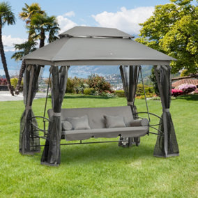 Outsunny 3 Person Canopy Gazebo Swing Outdoor Patio Lounge w/ Mesh Walls, Grey