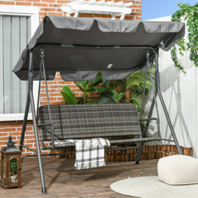 Outsunny 3-person Outdoor PE Rattan Swing Chair, Patio Wicker Hanging Swing Bench with Steel Frame Stand & Adjustable Canopy, Grey