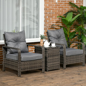 Outsunny 3 Piece PE Rattan Garden Sofa Set with 2 Chairs and Storage Table Grey