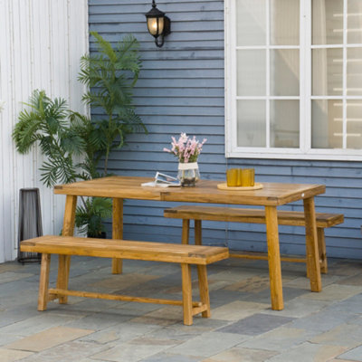 3 Pieces Patio Dining Set With Acacia Wood Dining Table And 2 Benches