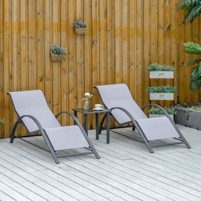 Outsunny 3 Pieces Lounge Chair Set Garden Sunbathing Chair w/ Table Light Grey