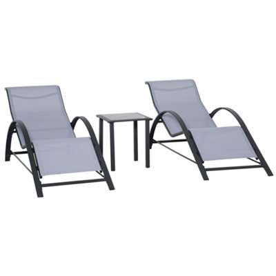 Outsunny 3 Pieces Lounge Chair Set Garden Sunbathing Chair w/ Table Light Grey