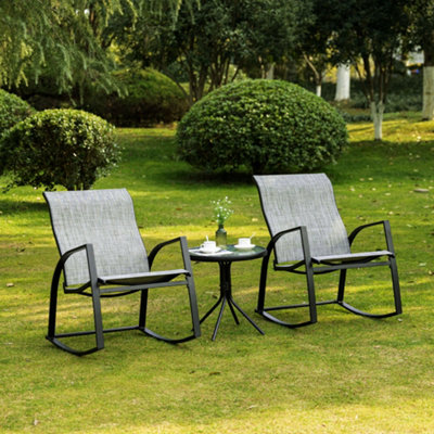 Outsunny 3 Pieces Outdoor Rocking Chairs Set with Tempered Glass Table for Garden