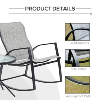 Outsunny 3 Pieces Outdoor Rocking Chairs Set with Tempered Glass Table for Garden