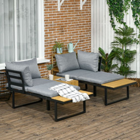 Outsunny 3 Pieces Patio Furniture Set, Outdoor Garden Sofa Conversation Set w/ Padded Cushions, Wood Grain Plastic Top Table