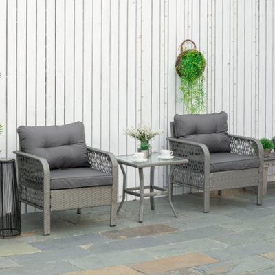 Outsunny 3 Pieces Rattan Bistro Set with Tempered Glass Table Grey