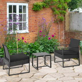 Outsunny 3 Pieces Rattan Patio Bistro Set 2 Chairs Coffee Side Table Black
