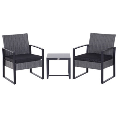 Outsunny 3 Pieces Rattan Patio Bistro Set 2 Chairs Coffee Side Table Grey