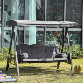 Outsunny 3 Seat Garden Swing Chair Patio Steel Swing Bench w/ Cup Trays Grey