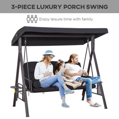 Outsunny 3 Seater Canopy Swing Chair Outdoor Garden Swing Seat w Top Roof and Cushions Black