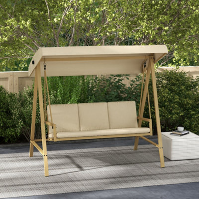 Outsunny 3 Seater Garden Swing Chair with Adjustable Canopy and Cushions Beige