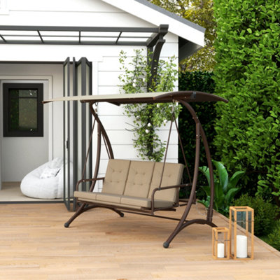 Outsunny 3 Seater Garden Swing Seat Bed with Adjustable Canopy, Khaki