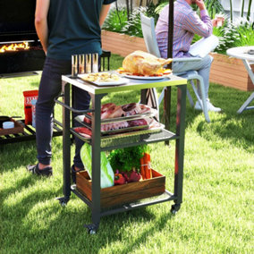 Outsunny 3-Shelf Outdoor Grill Cart, Outdoor Kitchen w/ Stainless Steel Top