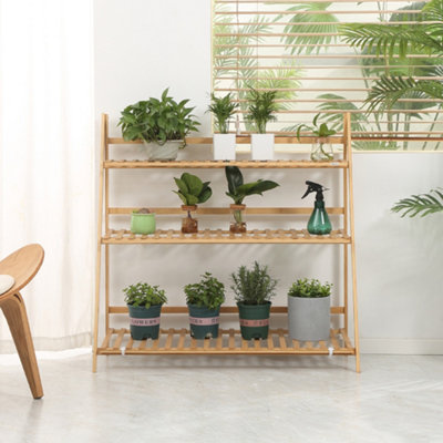 Outsunny 3-Tier Folding Bamboo Plant Stand Display Rack for Indoor ...