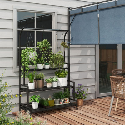 Outsunny 3 Tiered Plant Rack Stand with Hanging Hooks for Indoor ...