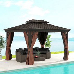 Outsunny 3 x 3.7m Aluminium Hardtop Gazebo Canopy 2 Tier Roof Dark Brown
