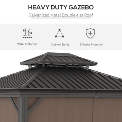 Outsunny 3 x 3.7m Aluminium Outdoor Hardtop Gazebo Canopy 2-Tier Roof Brown