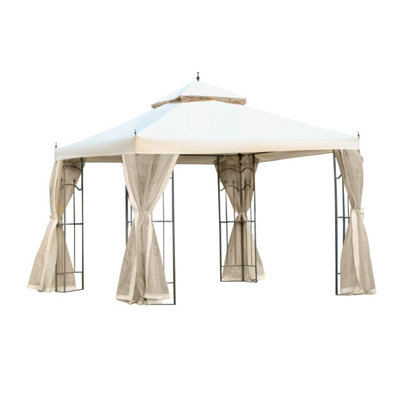 Outsunny 3 x 3(m) Garden Gazebo Double Top Canopy w/ Curtains Cream White