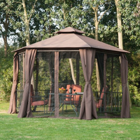 Outsunny 3 x 3(m) Gazebo Canopy 2 Tier Patio Shelter Steel for Garden Brown