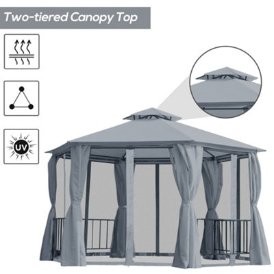 Outsunny 3 x 3(m) Gazebo Canopy 2 Tier Patio Shelter Steel for Garden Grey