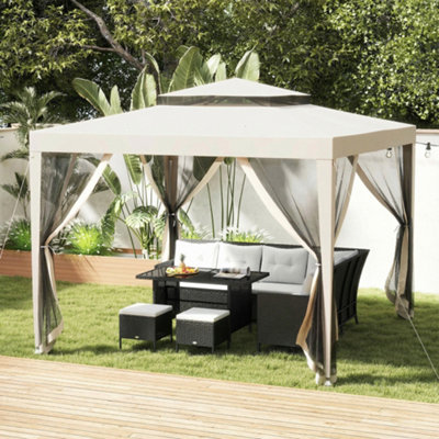 Outsunny 3 x 3 m Gazebo, Netting Party Tent w/ Double Tier Roof, Beige