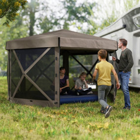 Outsunny 3 x 3(m) Hexagon Pop Up Gazebo with 5 Sides, Netting, Brown