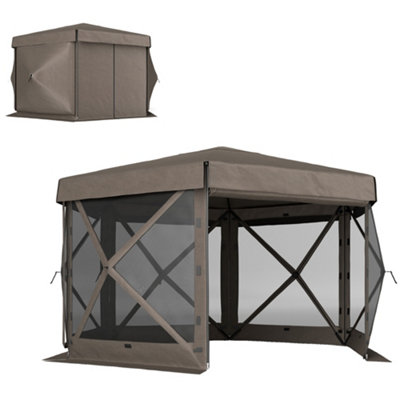 Outsunny 3 x 3(m) Hexagon Pop Up Gazebo with 5 Sides, Netting, Brown