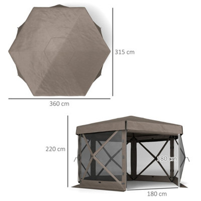 Outsunny 3 x 3(m) Hexagon Pop Up Gazebo with 5 Sides, Netting, Brown