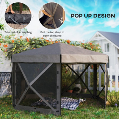 Outsunny 3 x 3(m) Hexagon Pop Up Gazebo with 5 Sides, Netting, Brown