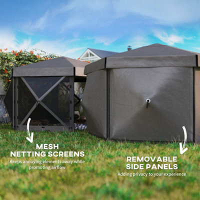 Outsunny 3 x 3(m) Hexagon Pop Up Gazebo with 5 Sides, Netting, Brown