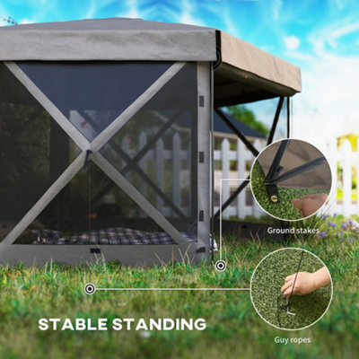 Outsunny 3 x 3(m) Hexagon Pop Up Gazebo with 5 Sides, Netting, Brown